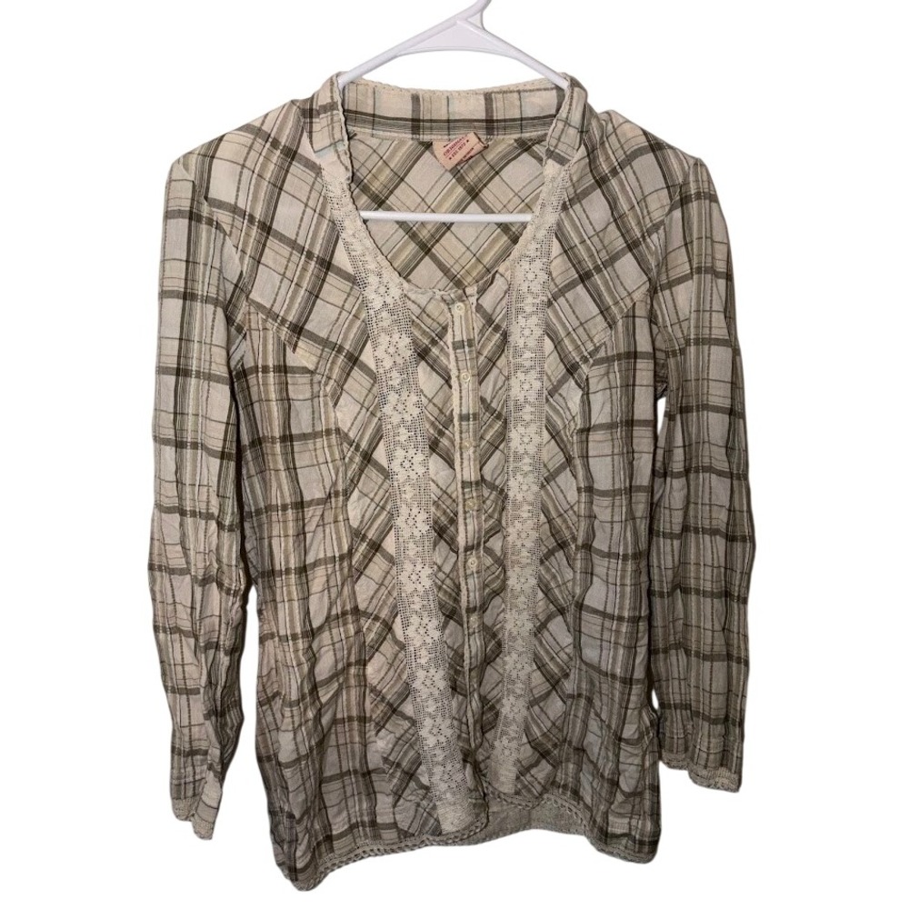 Faded Glory Originals Plaid Button Down Top Lace Trim Neutral Green Tan Medium